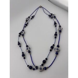 Double Strand Blue‎ White Ceramic Bead Necklace Silver Tone Clasp